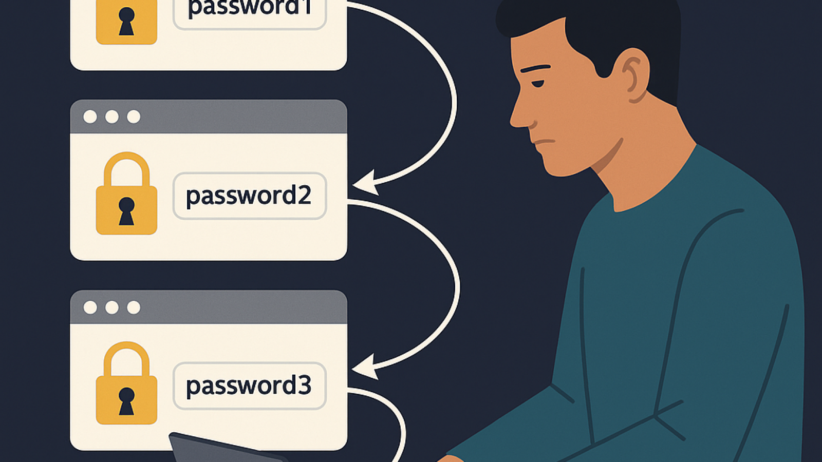 Illustration showing a person attempting multiple passwords across different login screens, representing a password spraying attack