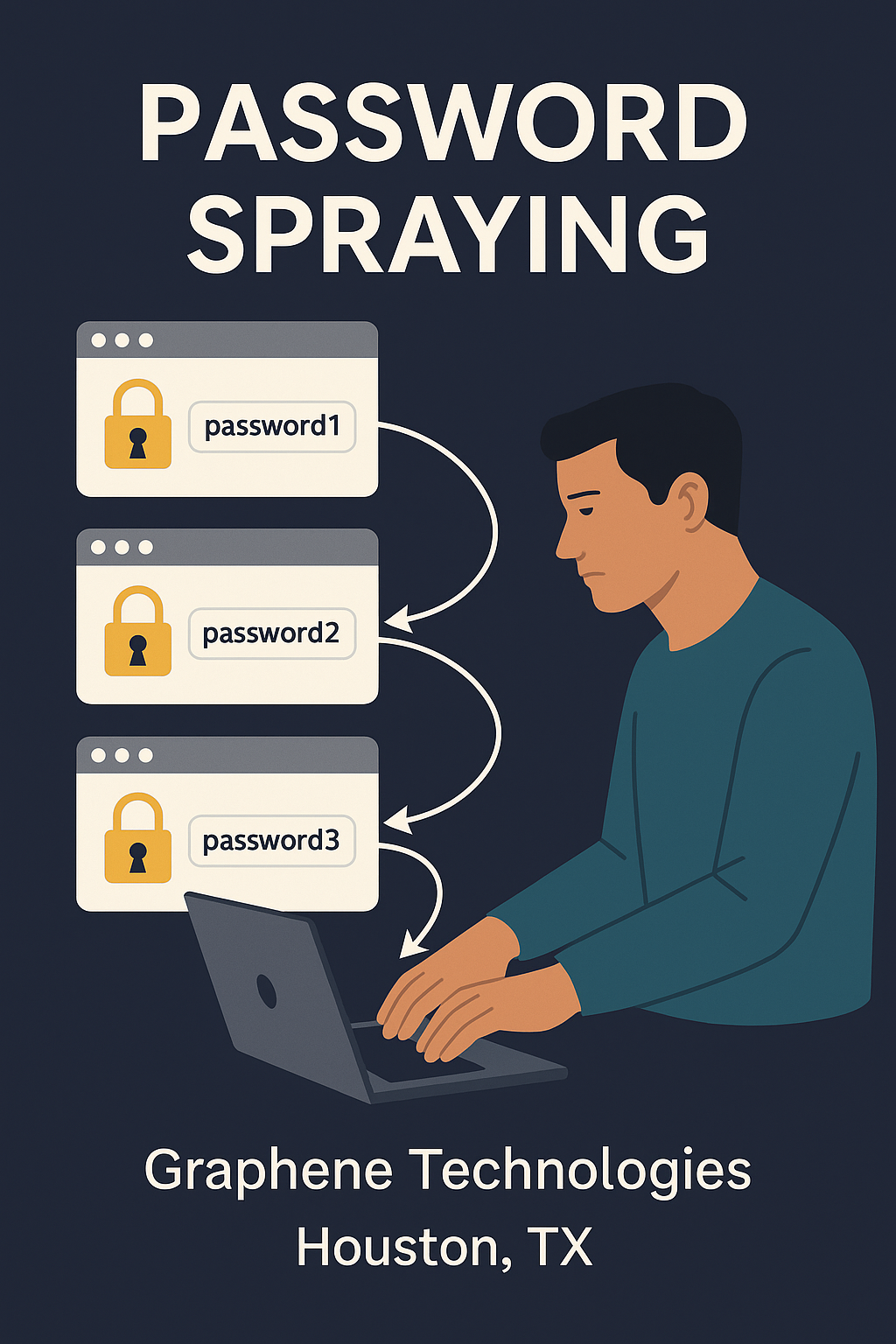 Illustration showing a person attempting multiple passwords across different login screens, representing a password spraying attack