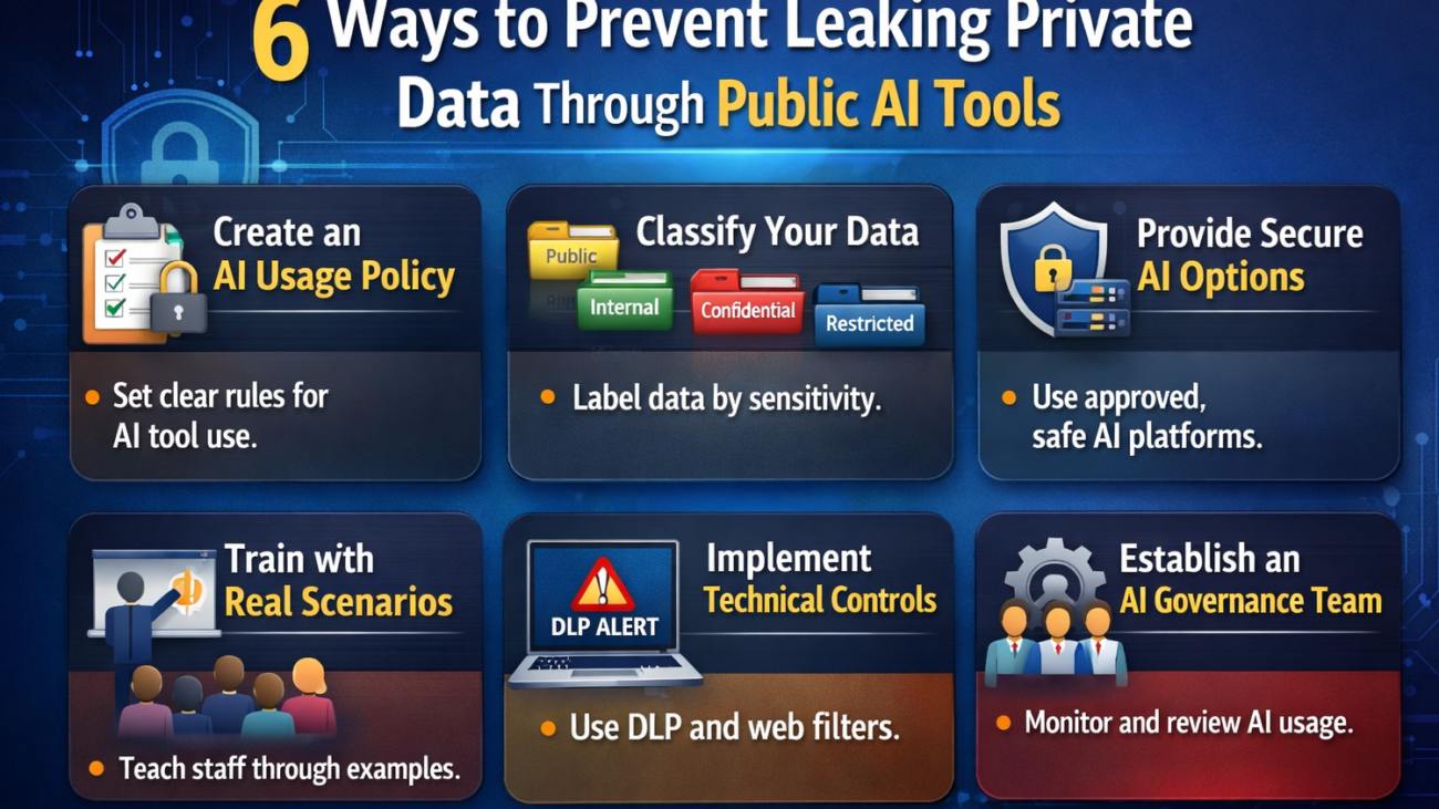 Infographic showing six ways to prevent leaking private data through public AI tools, including AI usage policies, data classification, secure AI options, employee training, technical controls, and AI governance teams.