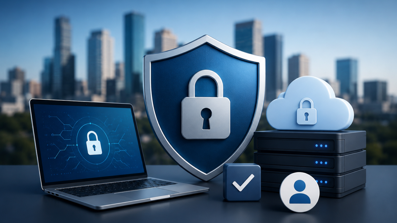 Cybersecurity illustration featuring a security shield, cloud protection, laptop, and secure network infrastructure representing proactive cybersecurity services for businesses.