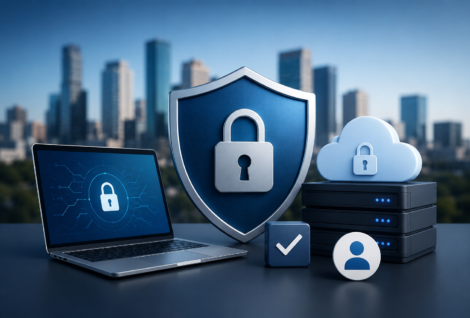 Cybersecurity illustration featuring a security shield, cloud protection, laptop, and secure network infrastructure representing proactive cybersecurity services for businesses.