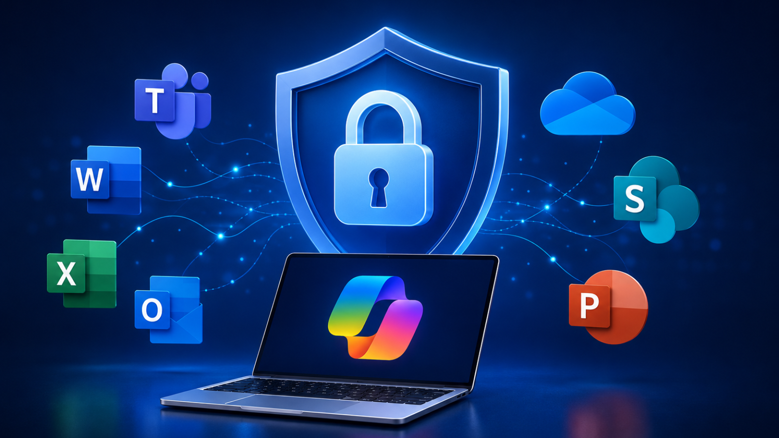Microsoft Copilot security illustration showing AI, Microsoft 365 apps, and cybersecurity protection for secure business deployment.