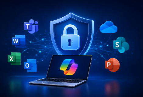 Microsoft Copilot security illustration showing AI, Microsoft 365 apps, and cybersecurity protection for secure business deployment.