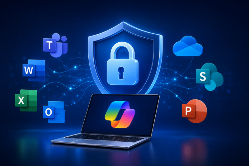 Microsoft Copilot security illustration showing AI, Microsoft 365 apps, and cybersecurity protection for secure business deployment.