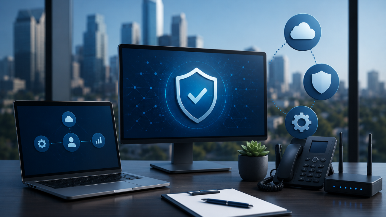 Modern managed IT support illustration featuring secure business technology, cloud connectivity, network infrastructure, and cybersecurity for Houston businesses.