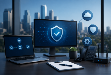 Modern managed IT support illustration featuring secure business technology, cloud connectivity, network infrastructure, and cybersecurity for Houston businesses.