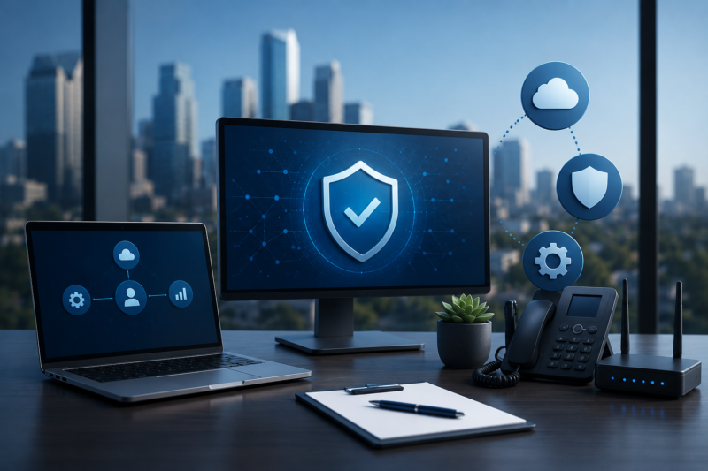 Modern managed IT support illustration featuring secure business technology, cloud connectivity, network infrastructure, and cybersecurity for Houston businesses.