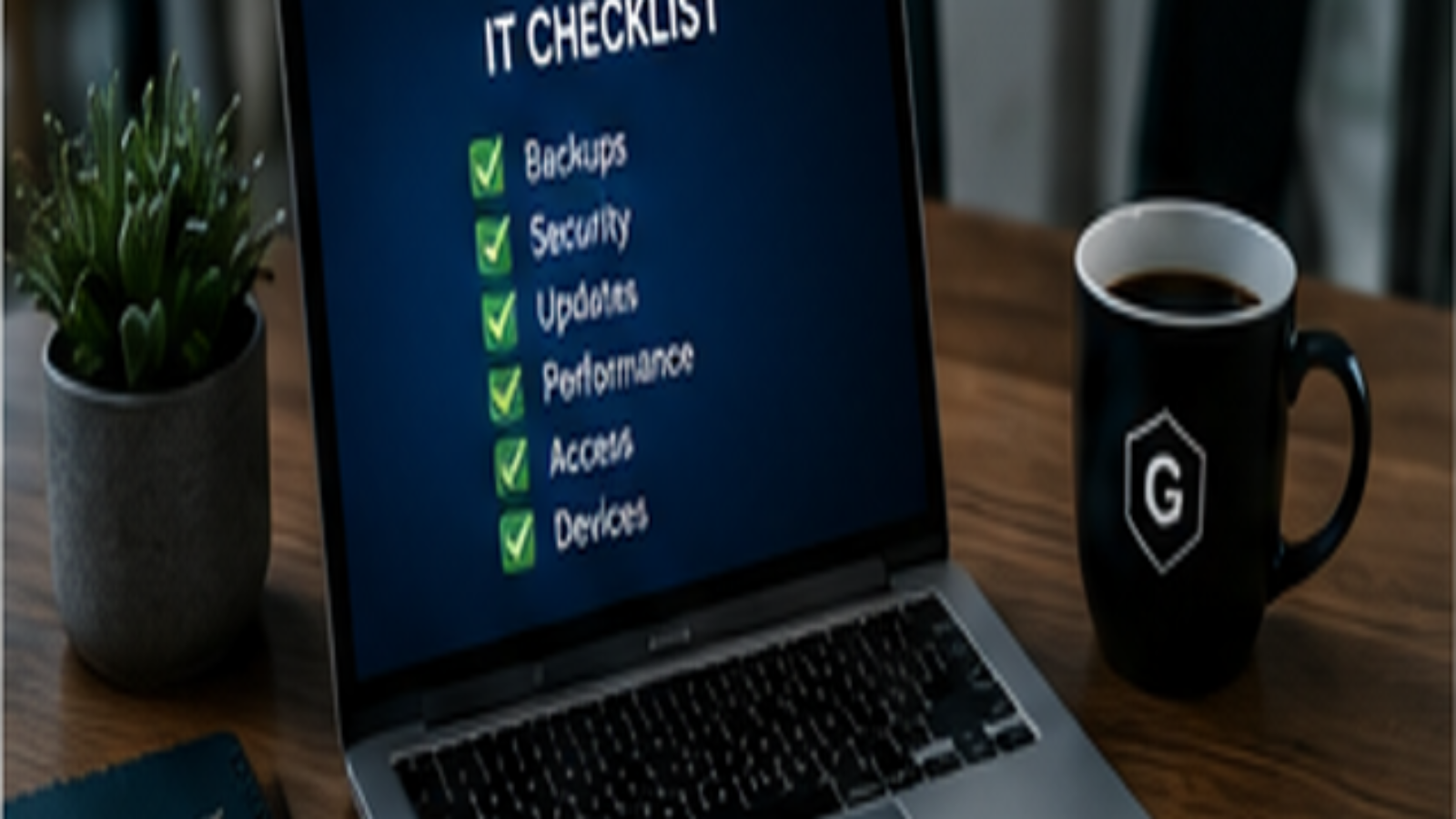 Monthly IT checklist for a Houston small business covering backups, updates, security, users, and devices