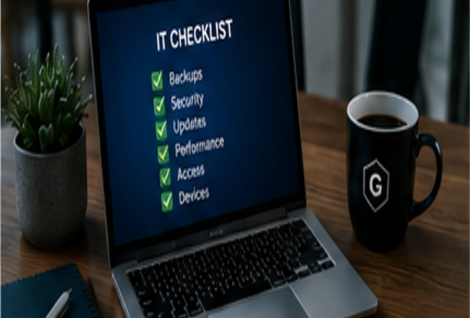 Monthly IT checklist for a Houston small business covering backups, updates, security, users, and devices