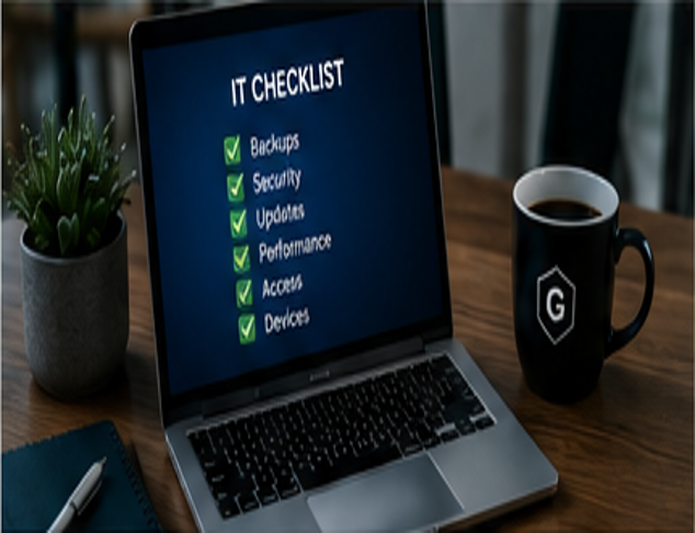 Monthly IT checklist for a Houston small business covering backups, updates, security, users, and devices